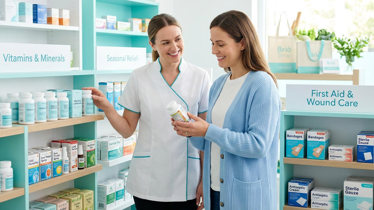 Reparto parafarmacia di Briò Shop con integratori alimentari, vitamine e prodotti per la medicazione